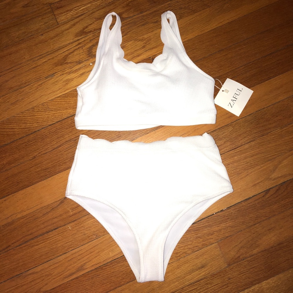 White scalloped high waisted bikini